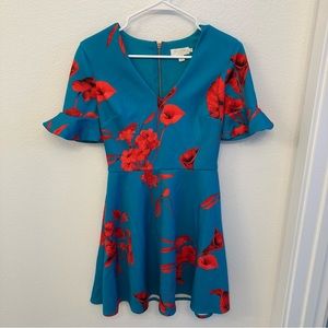 Ted Baker Chynna Floral Fantasia Teal & Red Skater Dress XS